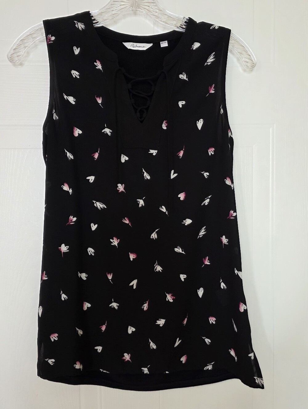 Reitmans Sleeveless Lace-Up Blouse, Black With Floral And Heart Design, XXS